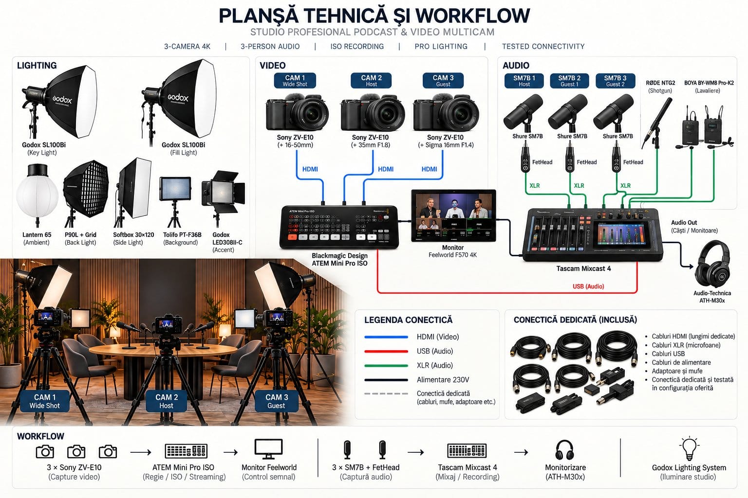 Studio Podcast Video Multicam complet – 3x Sony ZV-E10, 3x Shure SM7B, ATEM ISO